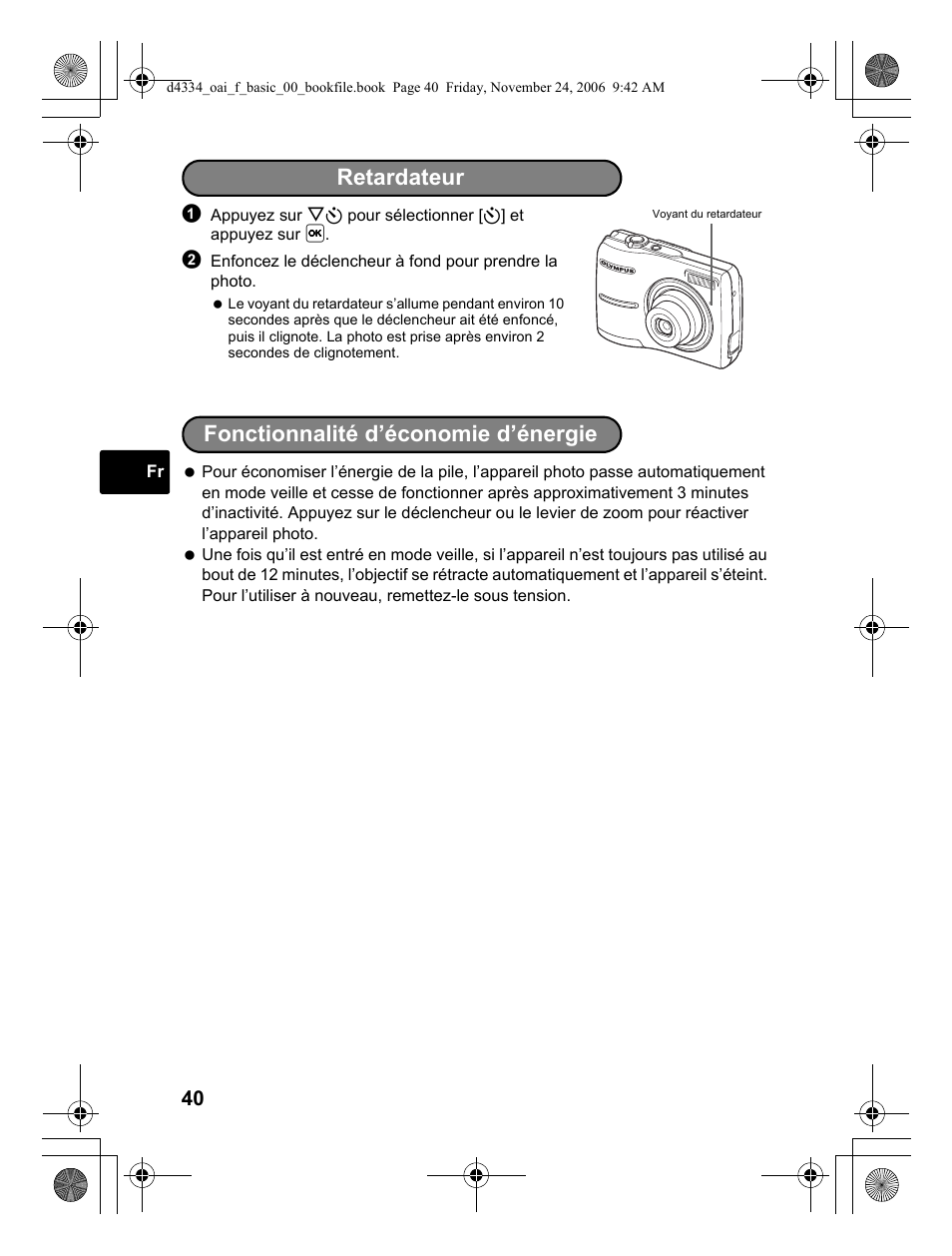 Retardateur, Fonctionnalité d’économie d’énergie | Olympus FE-210 User Manual | Page 40 / 108