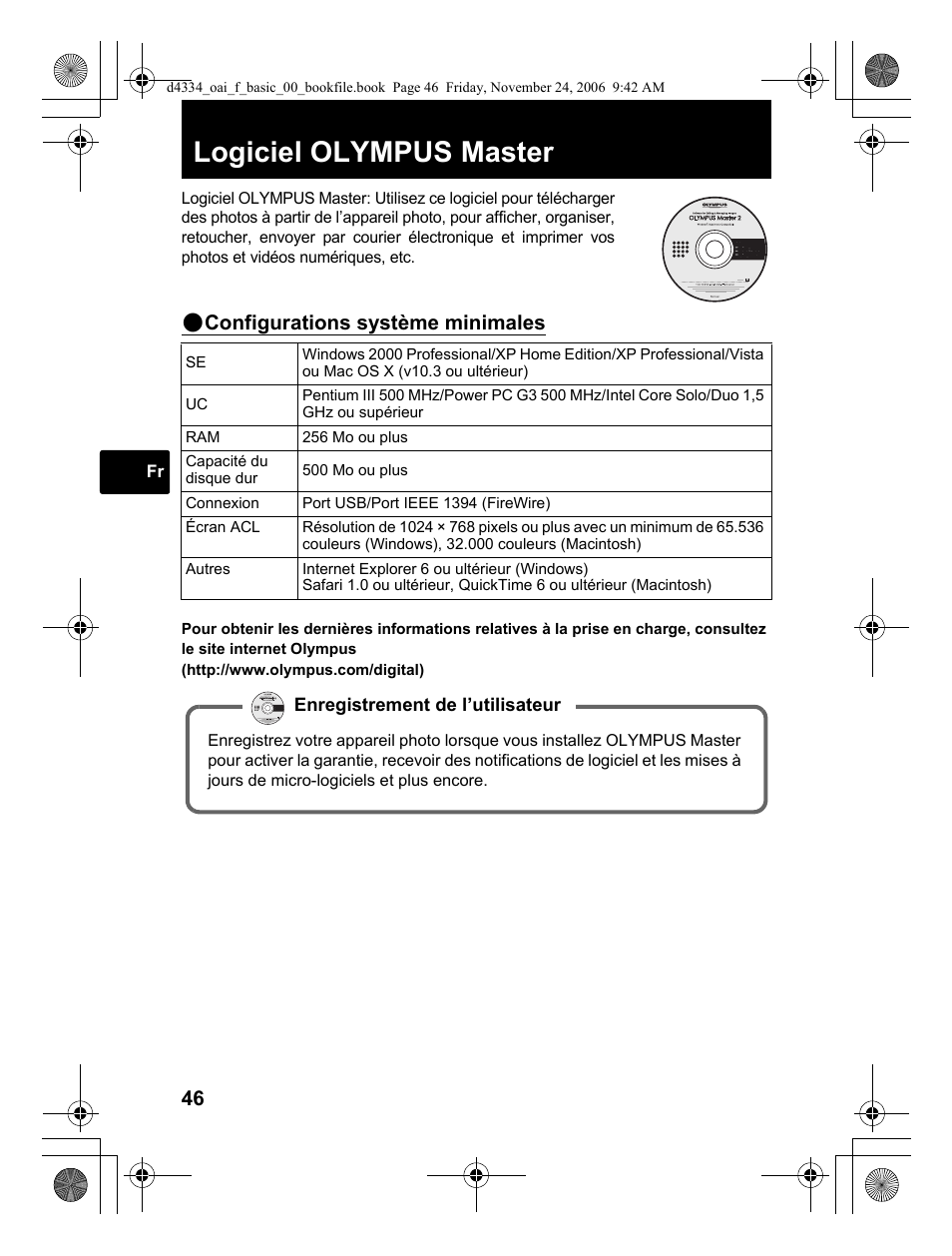 Logiciel olympus master, Configurations système minimales | Olympus FE-210 User Manual | Page 46 / 108