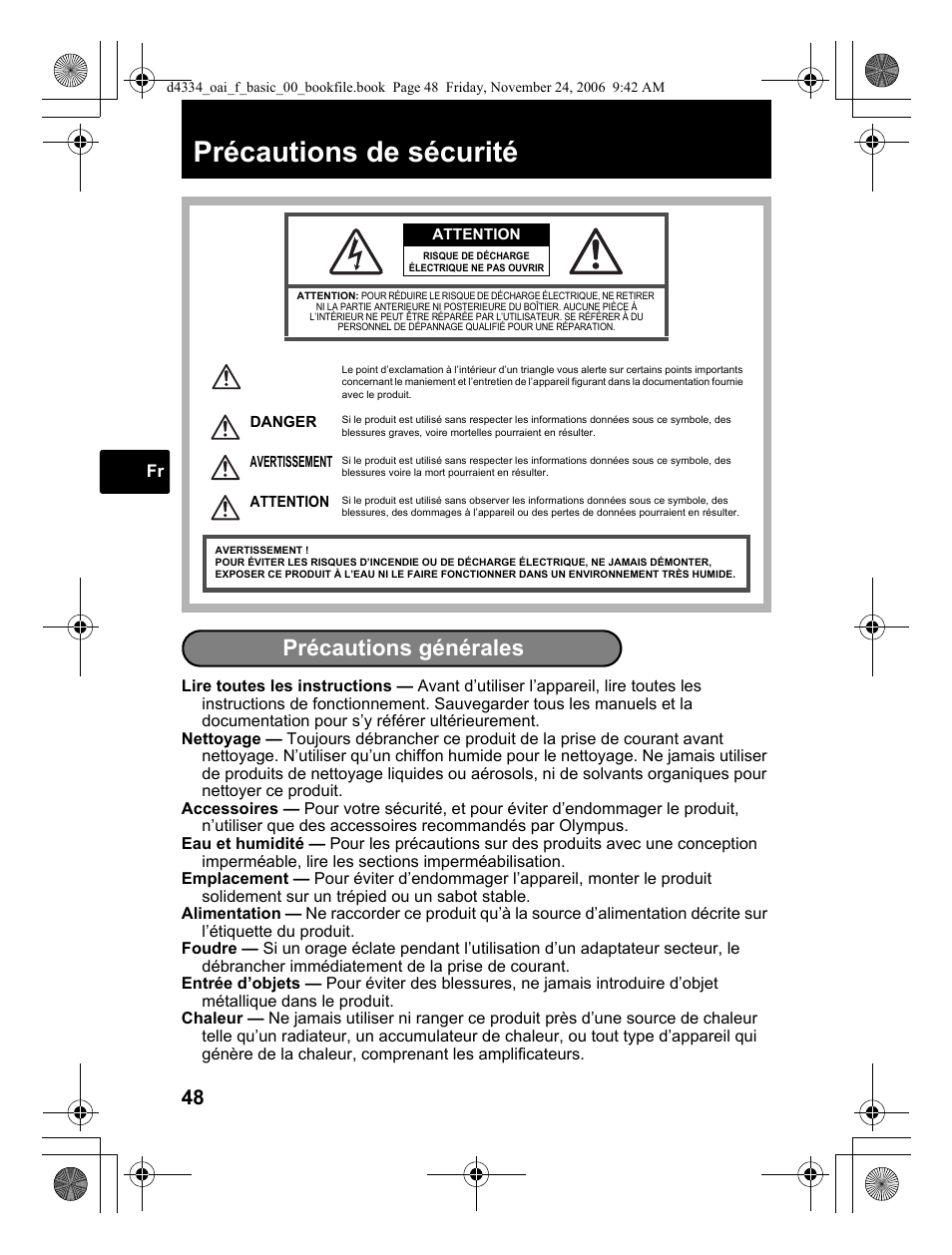 Précautions de sécurité, Précautions générales | Olympus FE-210 User Manual | Page 48 / 108