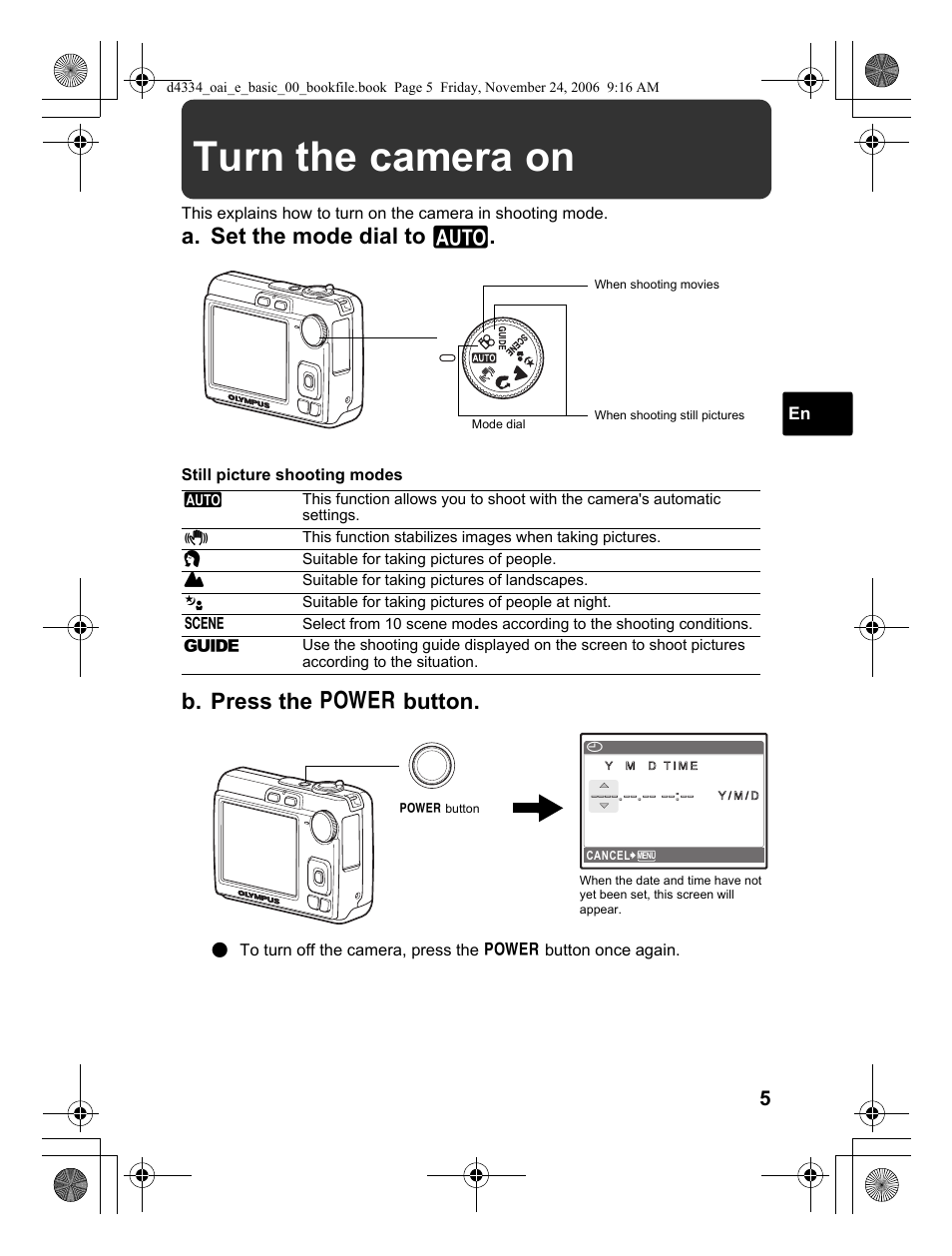 Turn the camera on, A. set the mode dial to h, B. press the o button | Olympus FE-210 User Manual | Page 5 / 108