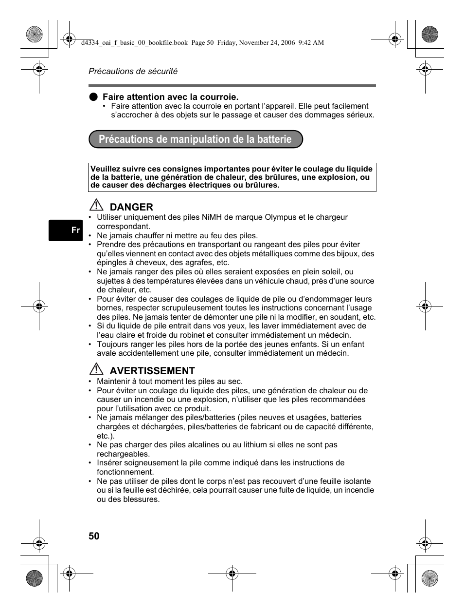 Précautions de manipulation de la batterie | Olympus FE-210 User Manual | Page 50 / 108