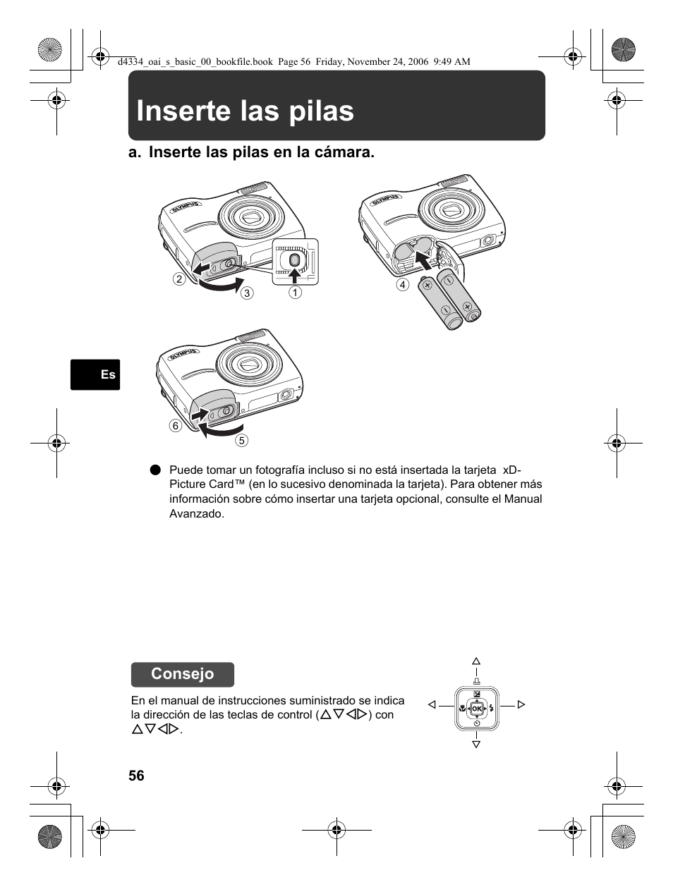 Inserte las pilas, A. inserte las pilas en la cámara, Consejo | Olympus FE-210 User Manual | Page 56 / 108