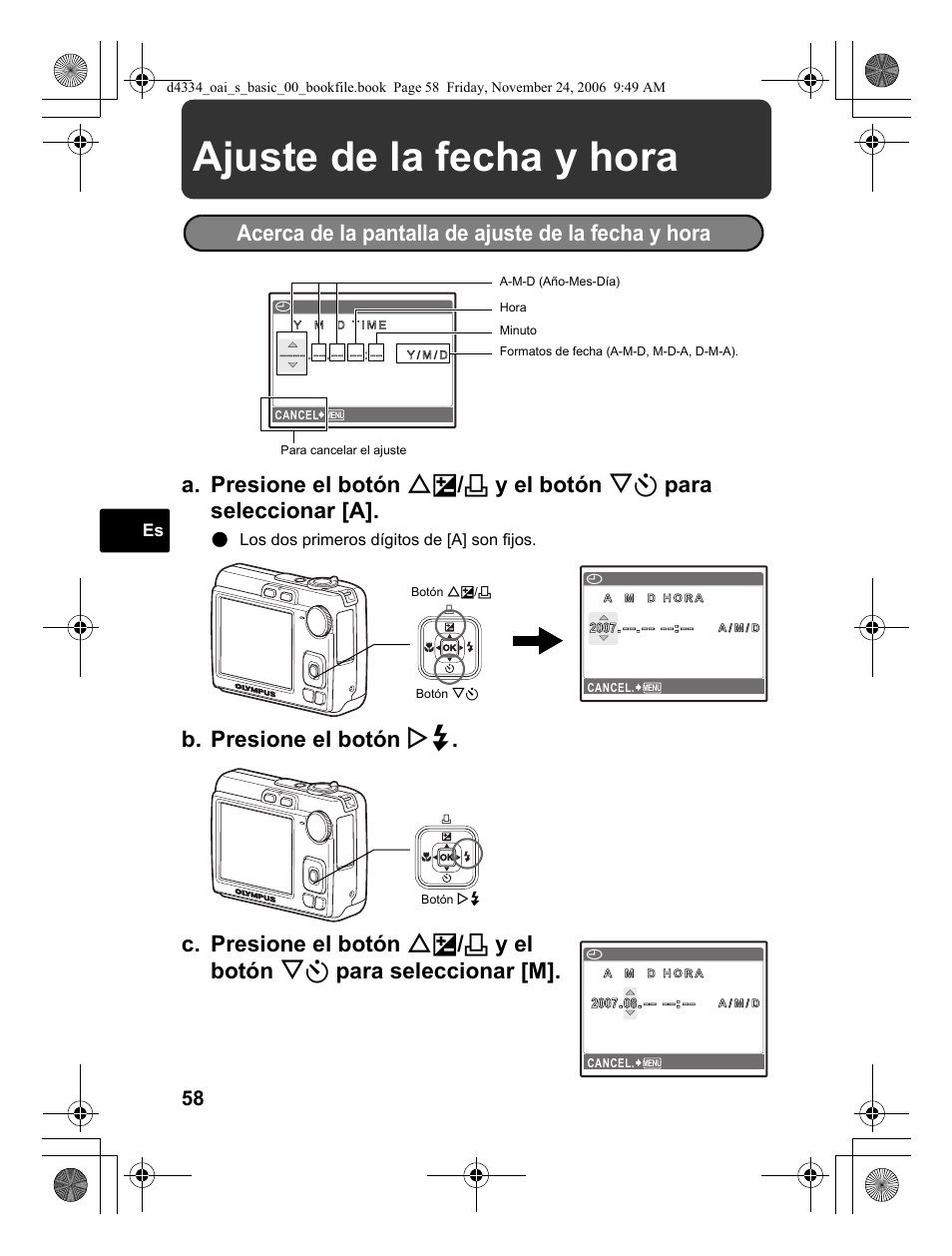 Ajuste de la fecha y hora | Olympus FE-210 User Manual | Page 58 / 108