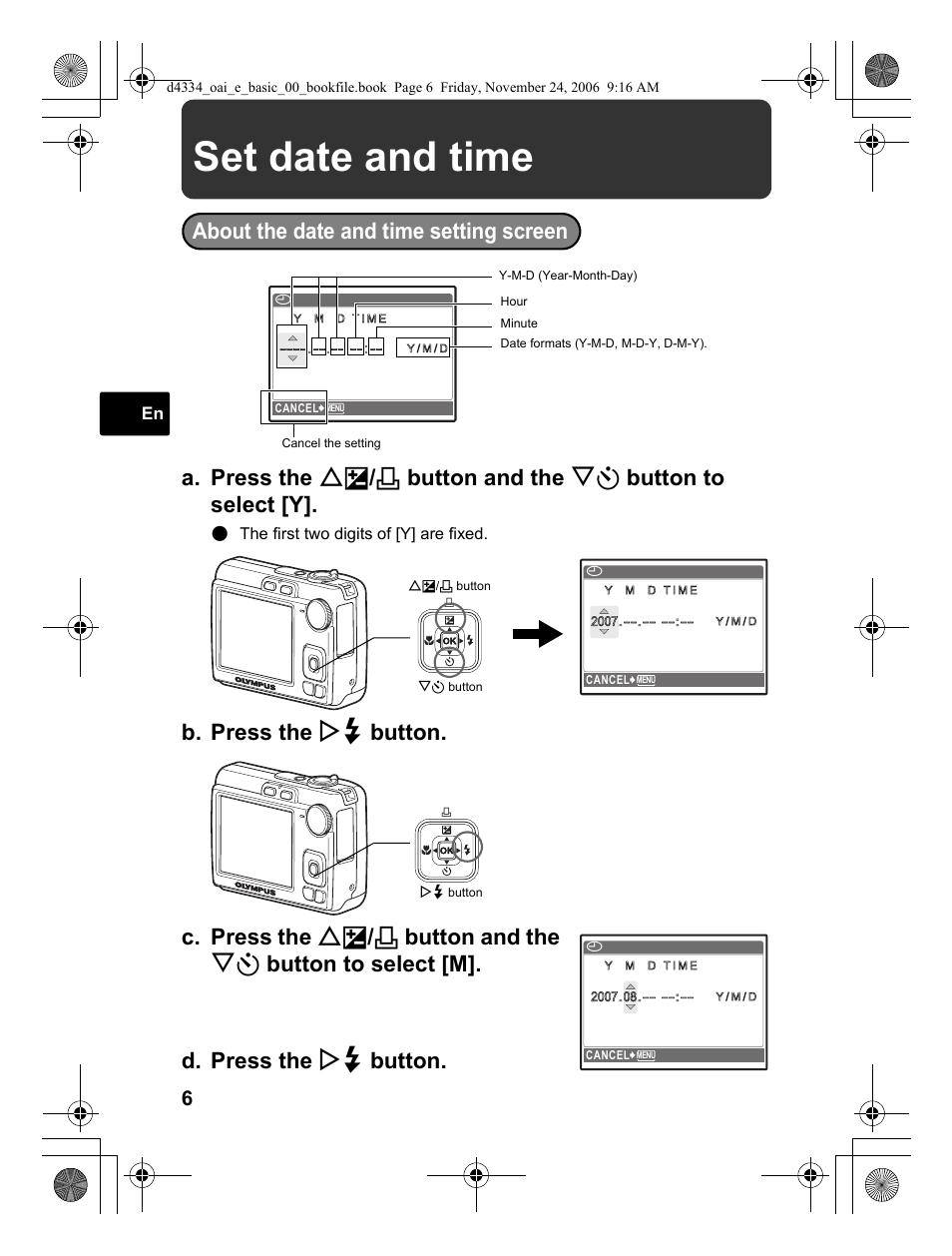 Set date and time | Olympus FE-210 User Manual | Page 6 / 108