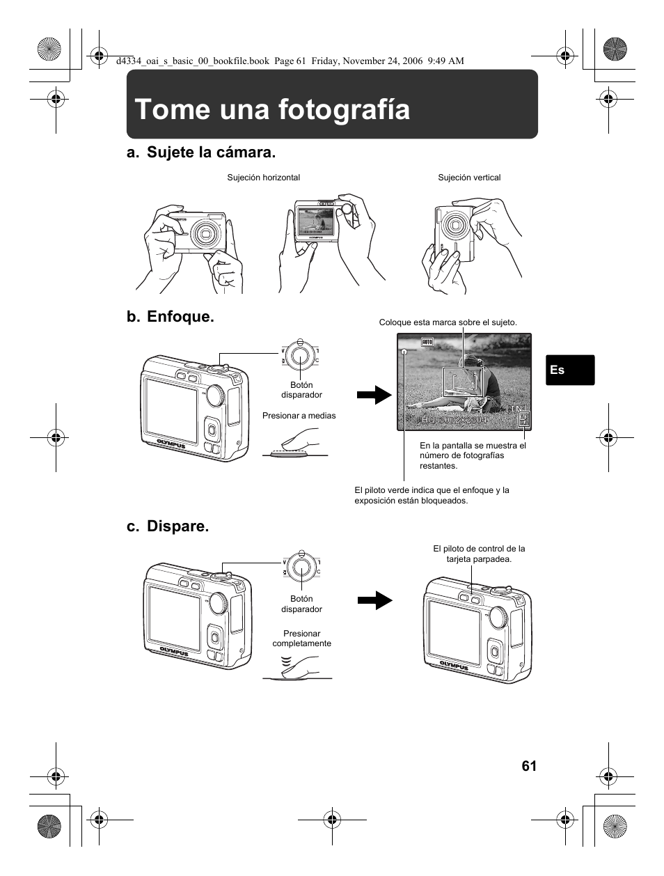 Tome una fotografía, A. sujete la cámara. c. dispare, B. enfoque | Olympus FE-210 User Manual | Page 61 / 108