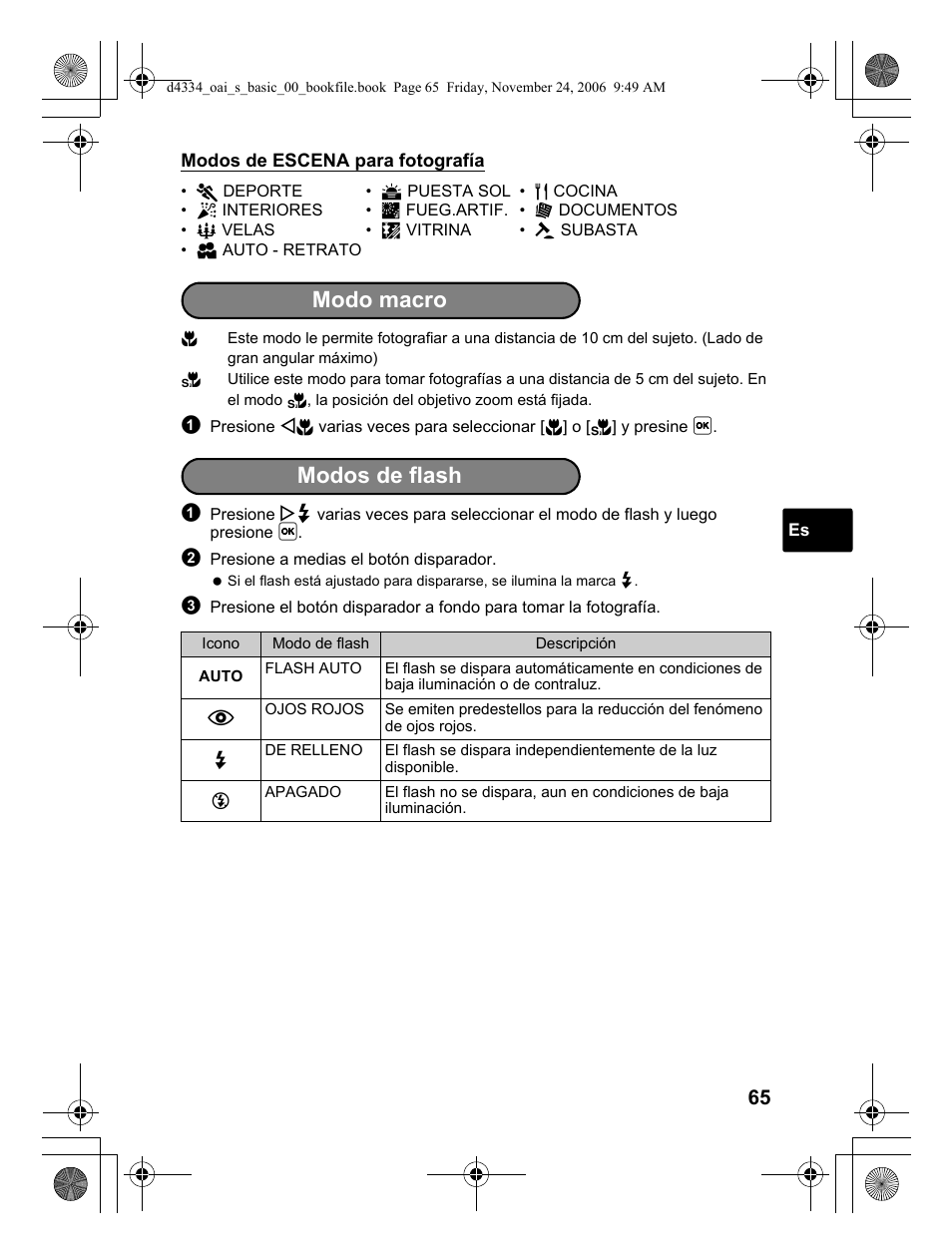 Modo macro, Modos de flash | Olympus FE-210 User Manual | Page 65 / 108