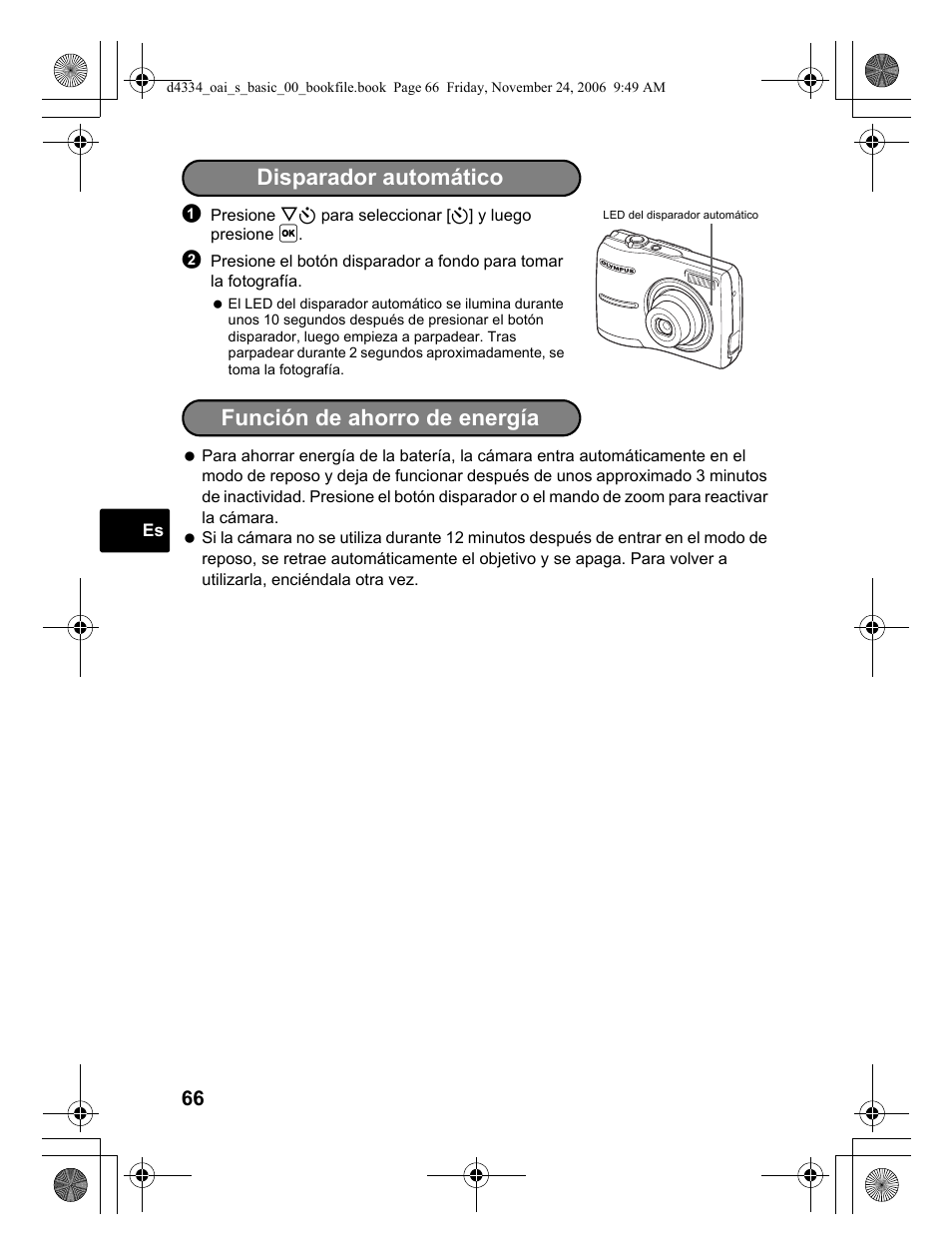 Disparador automático, Función de ahorro de energía | Olympus FE-210 User Manual | Page 66 / 108