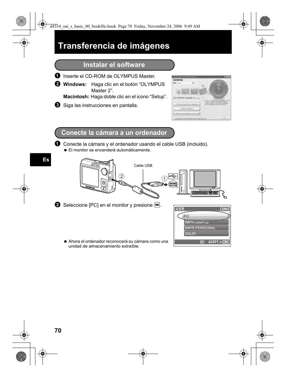 Transferencia de imágenes, Instalar el software, Conecte la cámara a un ordenador | Olympus FE-210 User Manual | Page 70 / 108