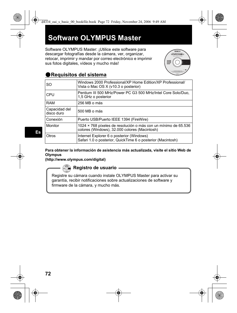 Software olympus master, Requisitos del sistema | Olympus FE-210 User Manual | Page 72 / 108