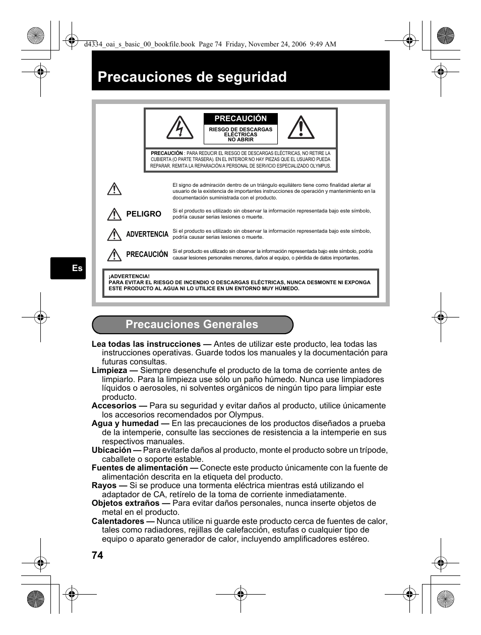 Precauciones de seguridad, Precauciones generales | Olympus FE-210 User Manual | Page 74 / 108