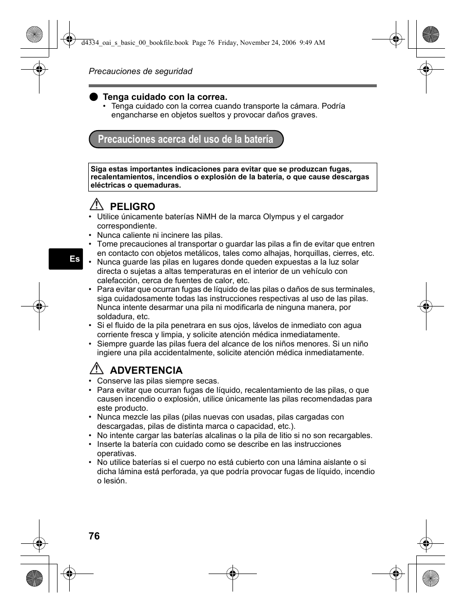 Precauciones acerca del uso de la batería, Peligro, Advertencia | Olympus FE-210 User Manual | Page 76 / 108