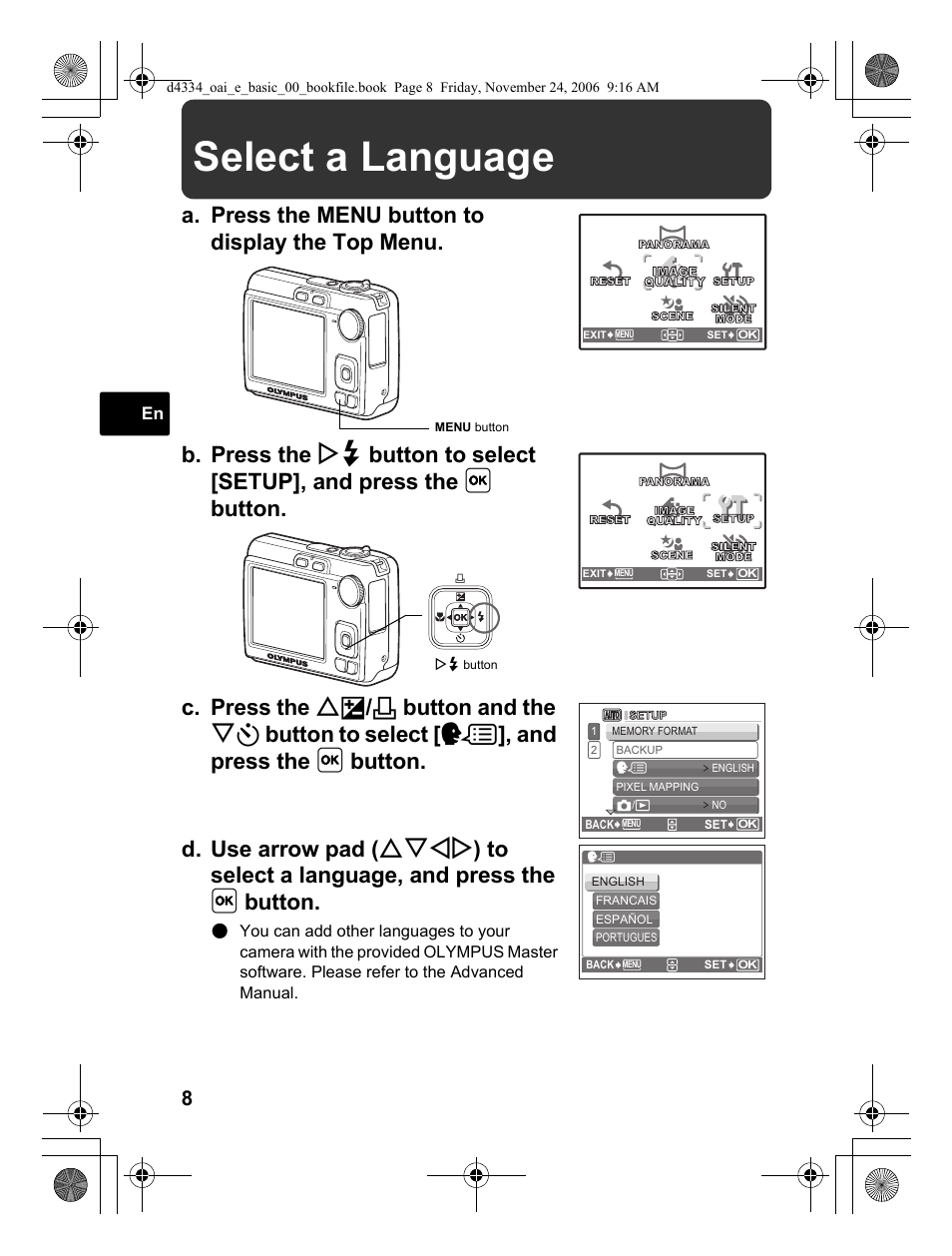 Select a language | Olympus FE-210 User Manual | Page 8 / 108