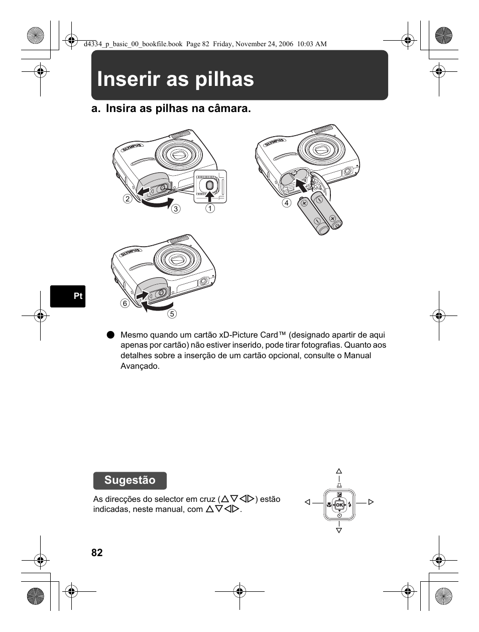 Inserir as pilhas, A. insira as pilhas na câmara, Sugestão | Olympus FE-210 User Manual | Page 82 / 108