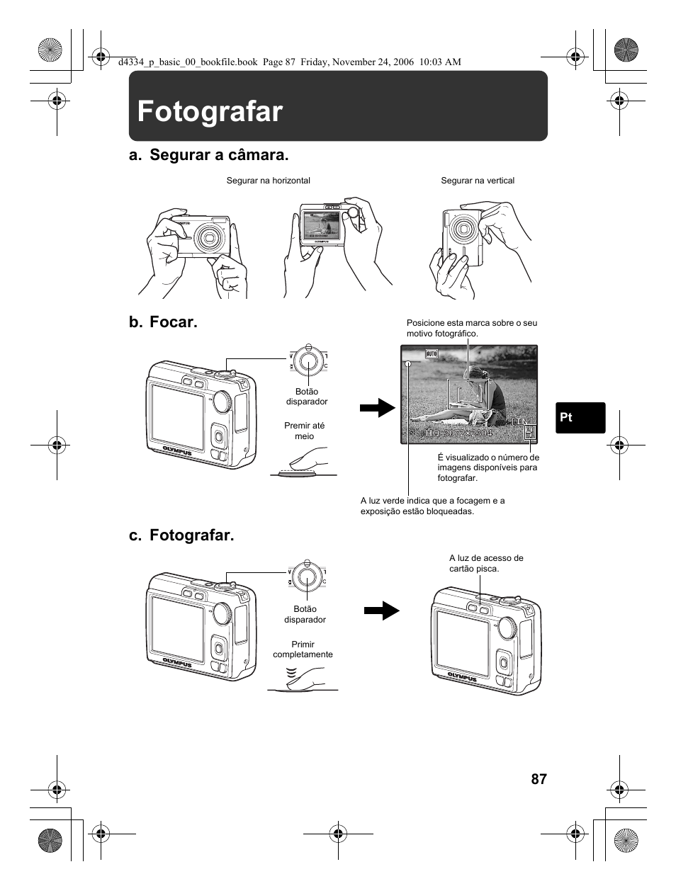 Fotografar, A. segurar a câmara. c. fotografar, B. focar | Olympus FE-210 User Manual | Page 87 / 108