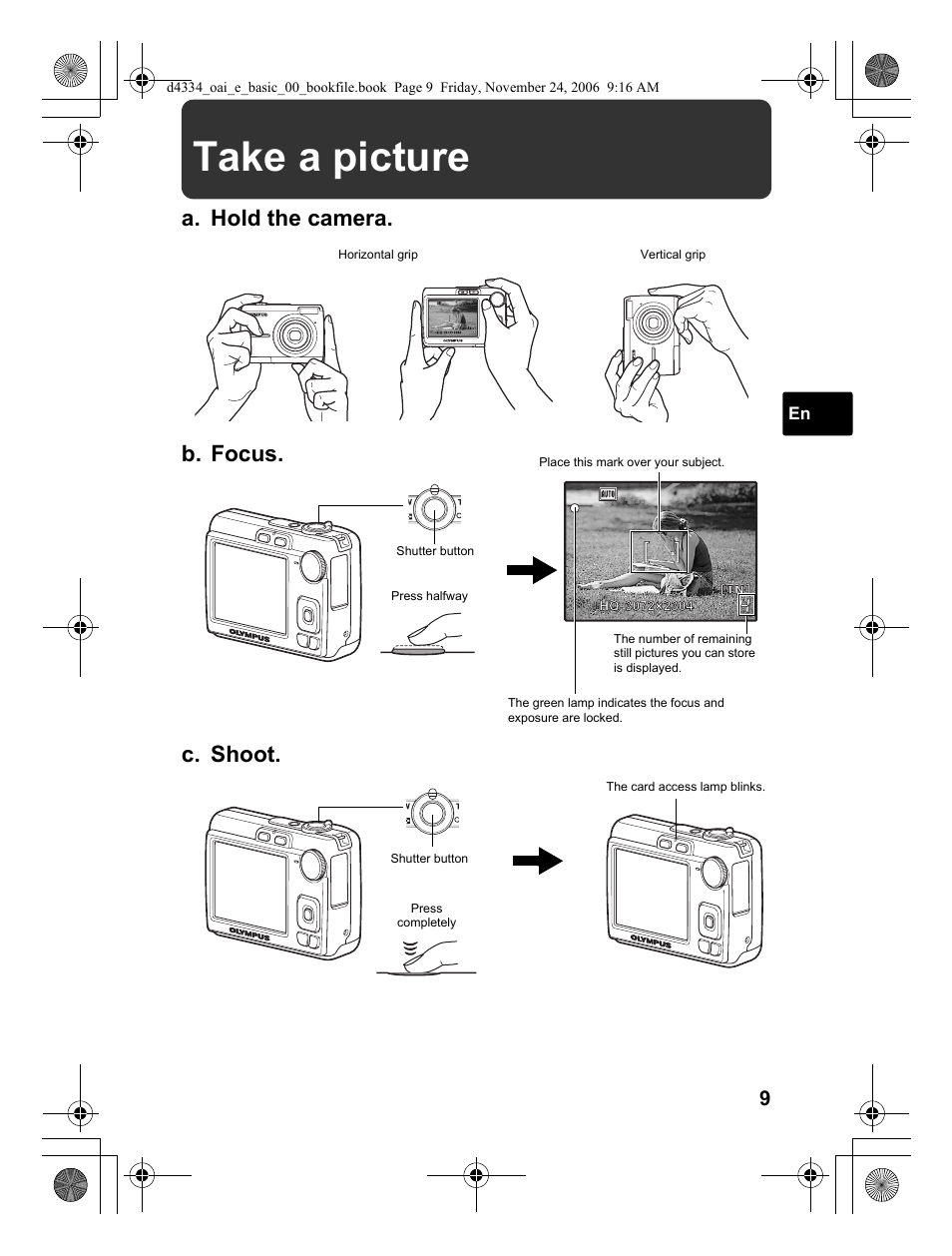 Take a picture, A. hold the camera. c. shoot, B. focus | Olympus FE-210 User Manual | Page 9 / 108