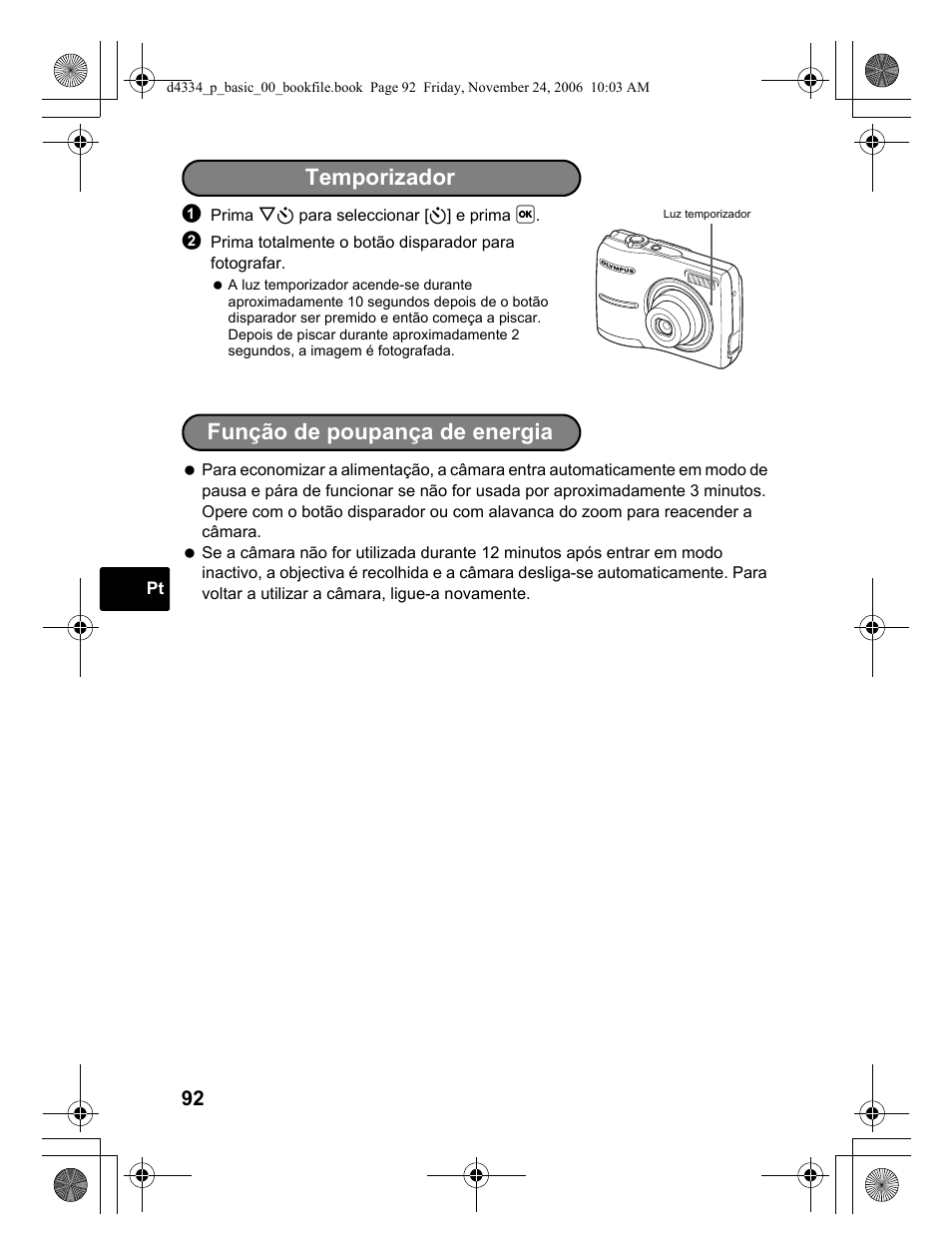 Temporizador, Função de poupança de energia | Olympus FE-210 User Manual | Page 92 / 108