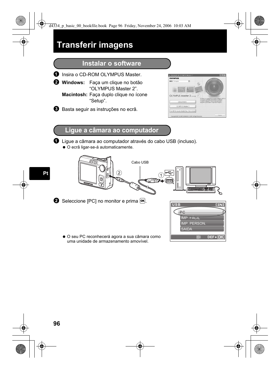 Transferir imagens, Instalar o software, Ligue a câmara ao computador | Olympus FE-210 User Manual | Page 96 / 108