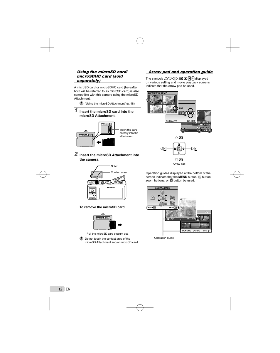 Arrow pad and operation guide, Insert the microsd attachment into the camera | Olympus FE-3010 User Manual | Page 12 / 62
