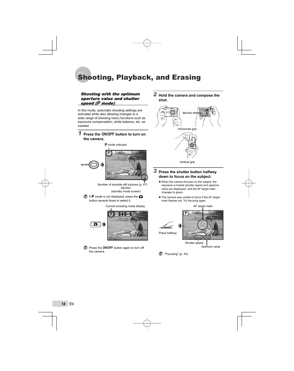 Shooting, playback, and erasing | Olympus FE-3010 User Manual | Page 14 / 62