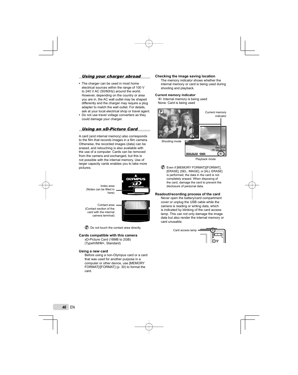 Using your charger abroad, Using an xd-picture card | Olympus FE-3010 User Manual | Page 46 / 62