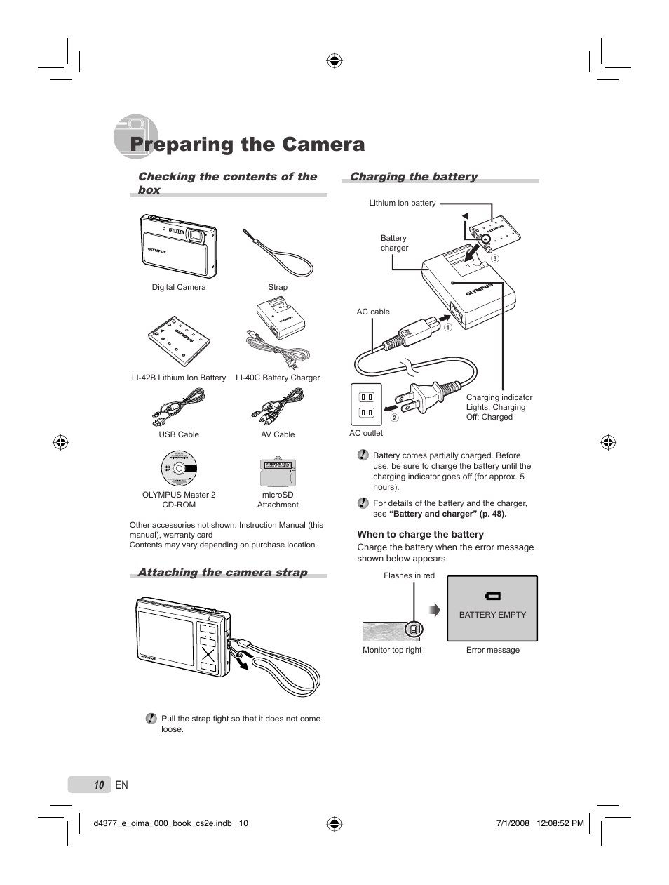 Preparing the camera, 10 en checking the contents of the box, Attaching the camera strap | Charging the battery | Olympus STYLUS 1040 User Manual | Page 10 / 70