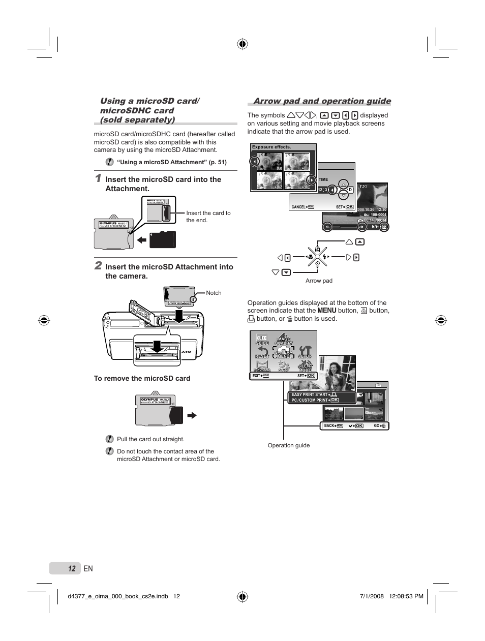 Arrow pad and operation guide, Insert the microsd card into the attachment, Insert the microsd attachment into the camera | Olympus STYLUS 1040 User Manual | Page 12 / 70