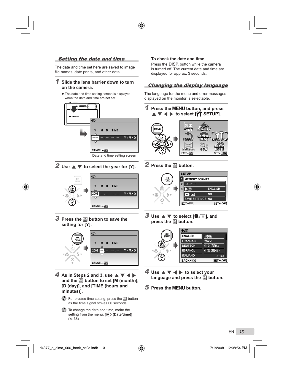 13 en setting the date and time, Changing the display language | Olympus STYLUS 1040 User Manual | Page 13 / 70