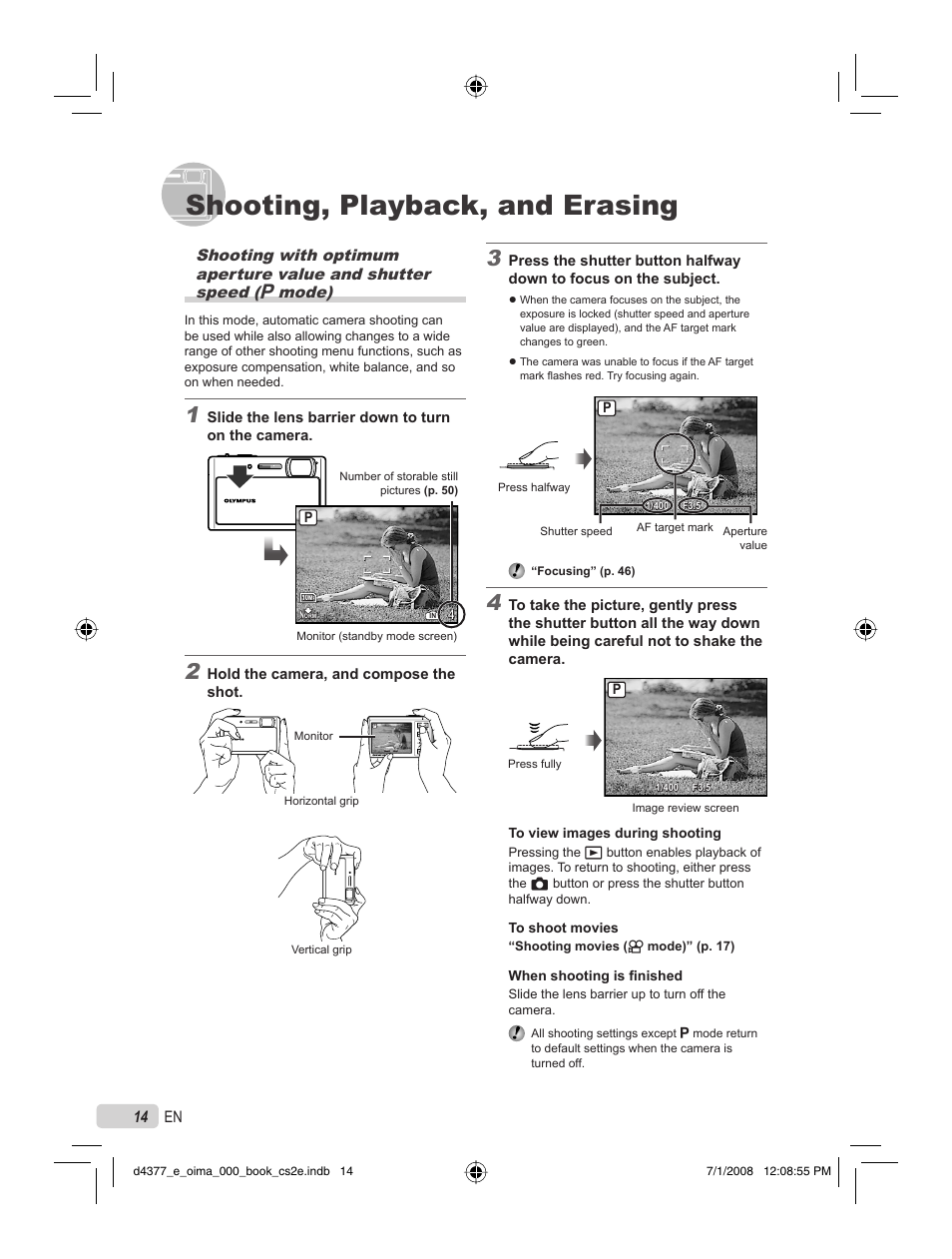 Shooting, playback, and erasing, 14 en | Olympus STYLUS 1040 User Manual | Page 14 / 70