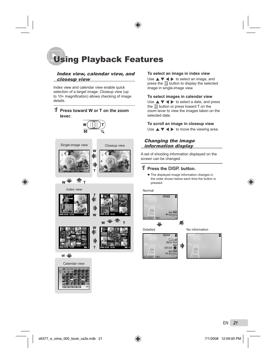 Using playback features, 21 en, Changing the image information display | Index view, calendar view, and closeup view, Press the g button, Press toward w or t on the zoom lever, Use cefd to move the viewing area, Magnifi cation) allows checking of image details | Olympus STYLUS 1040 User Manual | Page 21 / 70