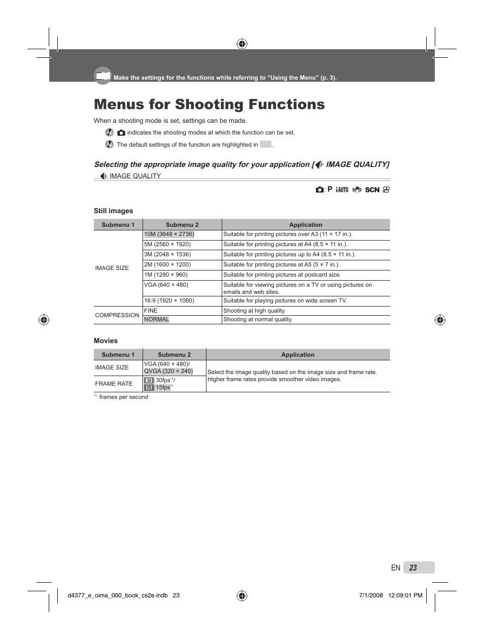 Menus for shooting functions, 23 en | Olympus STYLUS 1040 User Manual | Page 23 / 70