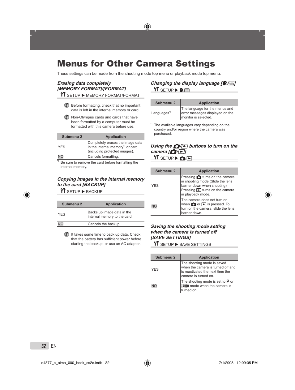 Menus for other camera settings, 32 en | Olympus STYLUS 1040 User Manual | Page 32 / 70