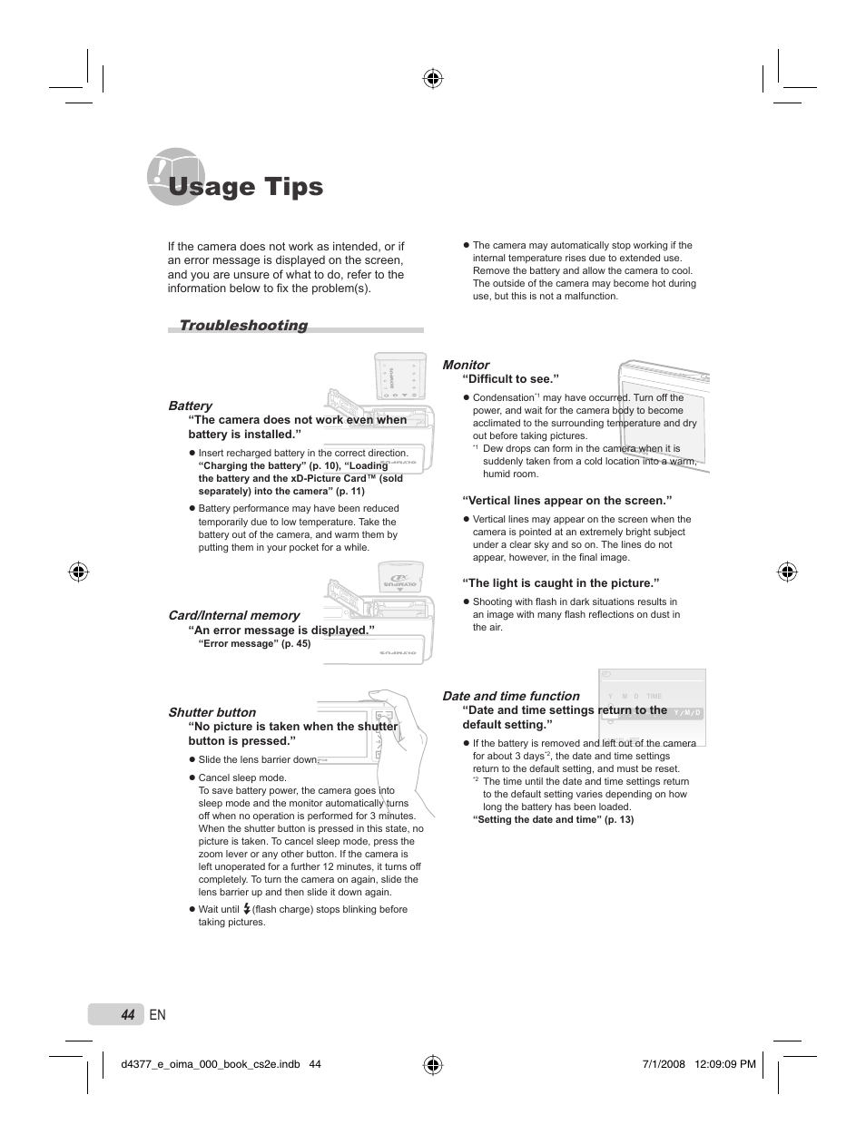 Usage tips, 44 en, Troubleshooting | Olympus STYLUS 1040 User Manual | Page 44 / 70