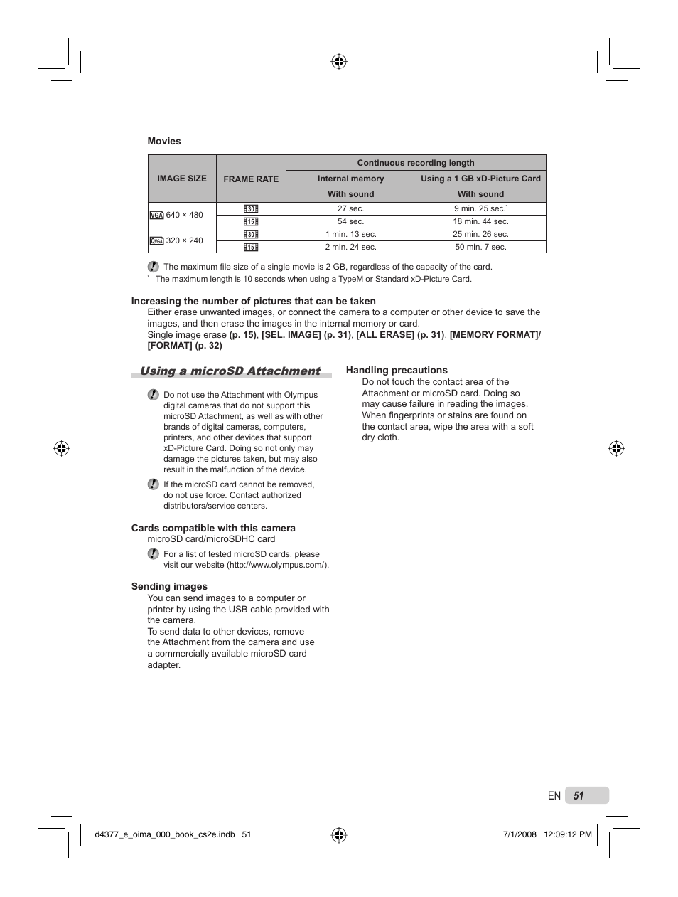 51 en, Using a microsd attachment | Olympus STYLUS 1040 User Manual | Page 51 / 70