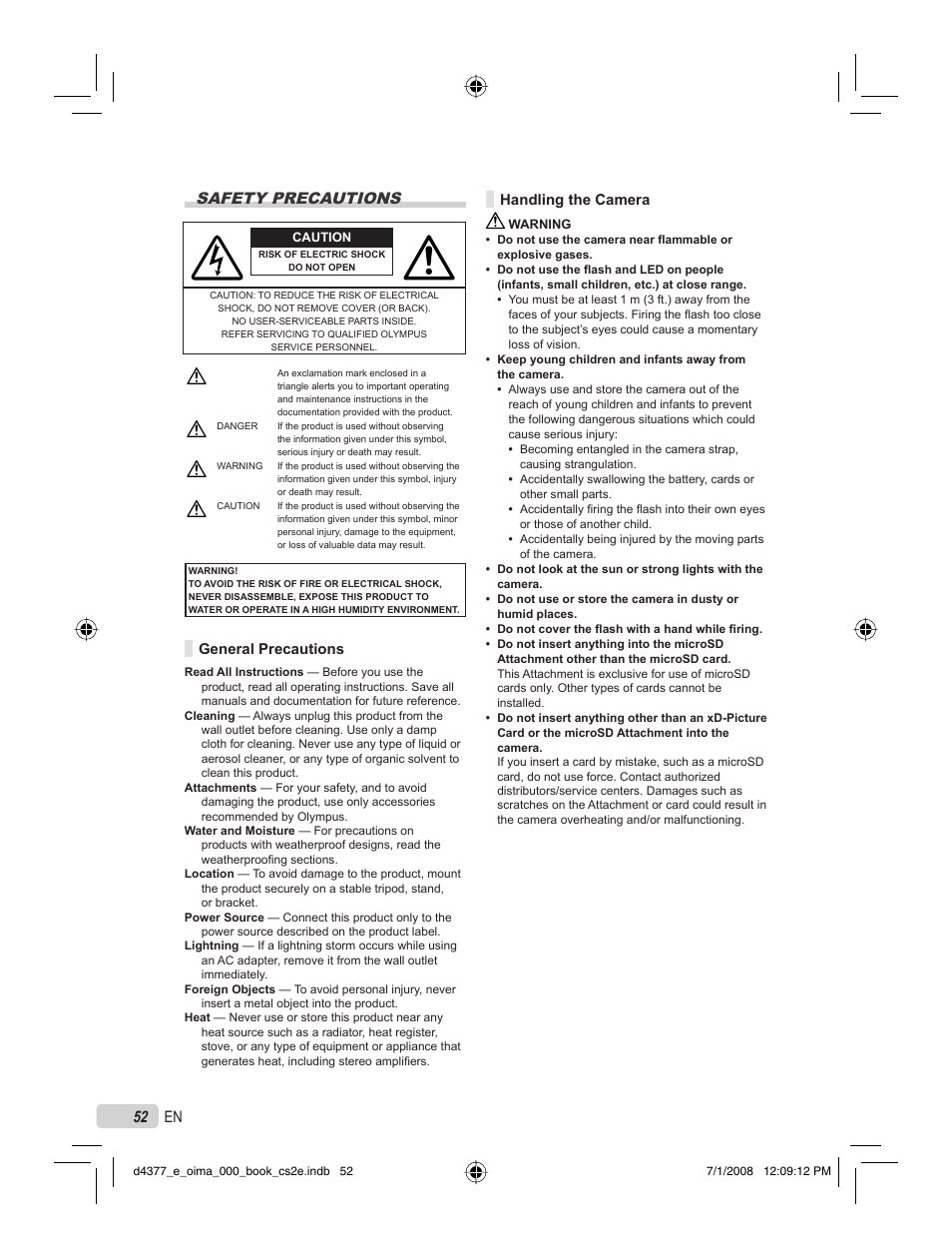 52 en safety precautions, General precautions, Handling the camera | Olympus STYLUS 1040 User Manual | Page 52 / 70