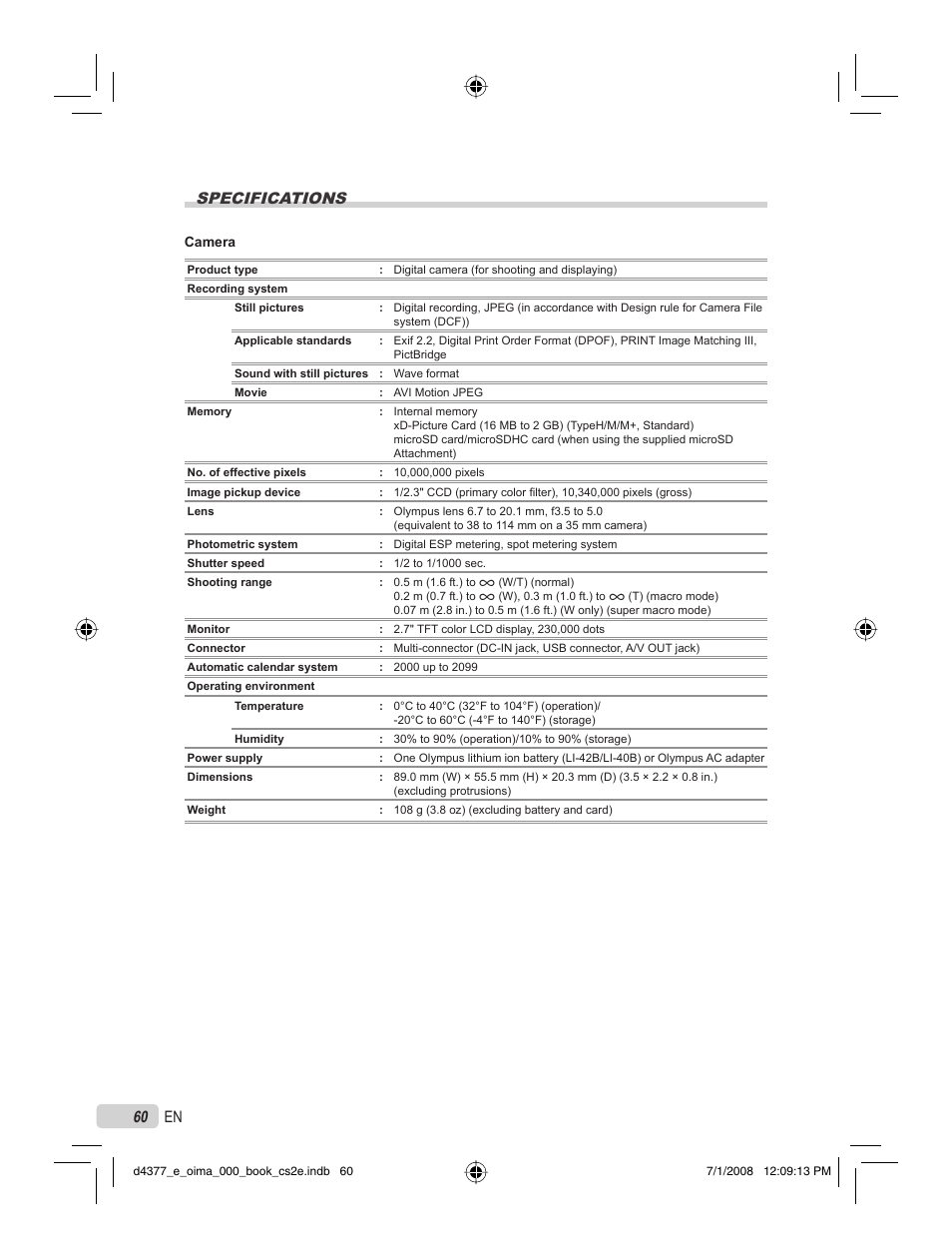 60 en specifications | Olympus STYLUS 1040 User Manual | Page 60 / 70