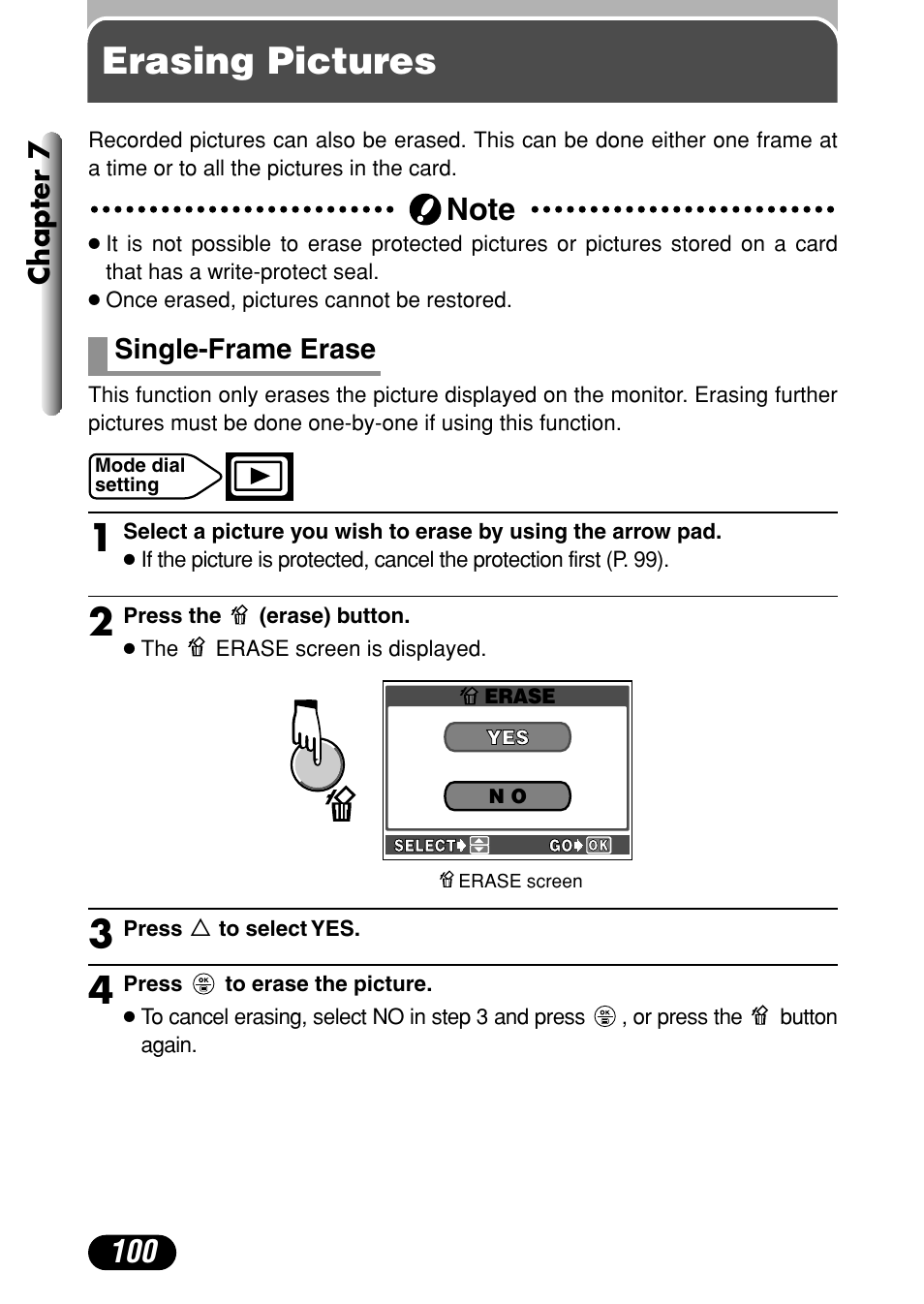 Erasing pictures, Single-frame erase 100, Chapter 7 | Single-frame erase | Olympus C-720 Ultra Zoom User Manual | Page 101 / 180