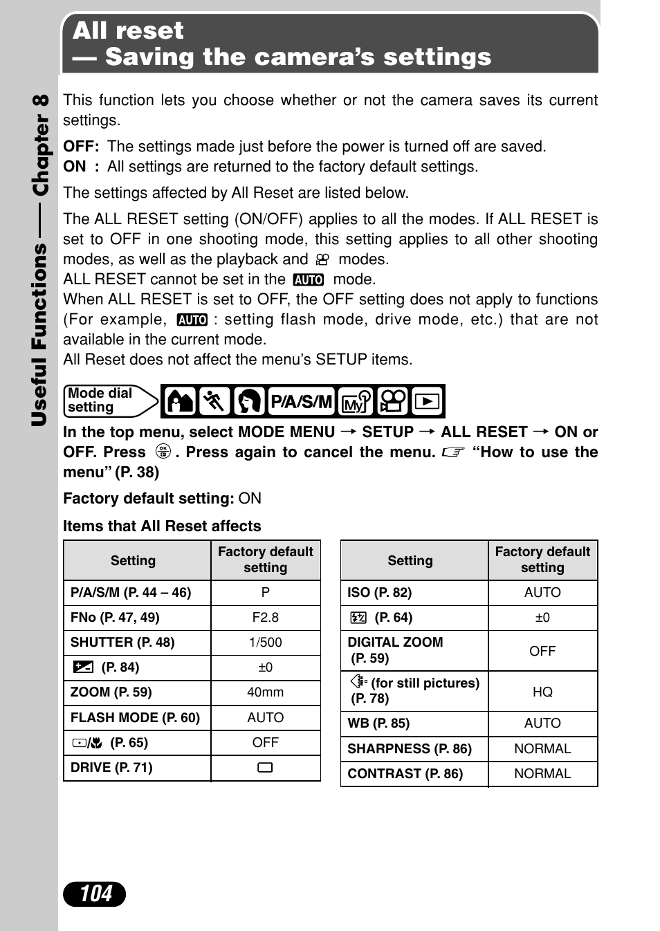 Chapter 8 useful functions, All reset — saving the camera’s settings, Chapter 8 | Useful functions, P. 104 | Olympus C-720 Ultra Zoom User Manual | Page 105 / 180