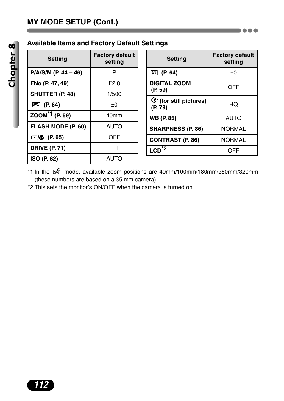 Chapter 8, My mode setup (cont.) | Olympus C-720 Ultra Zoom User Manual | Page 113 / 180