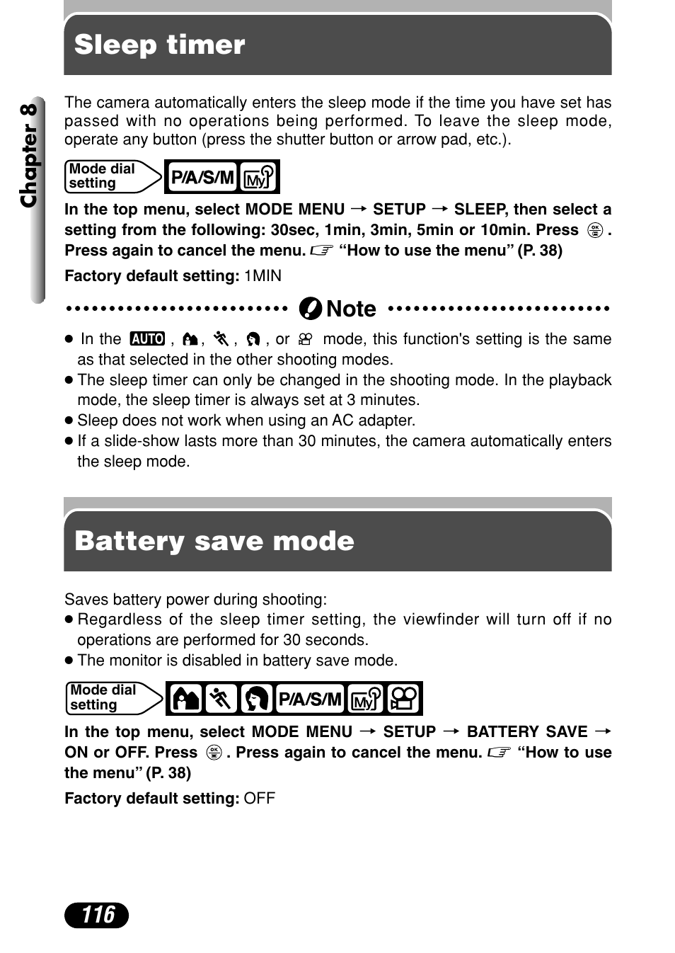 Sleep timer, Battery save mode, Sleep timer battery save mode | Chapter 8 | Olympus C-720 Ultra Zoom User Manual | Page 117 / 180