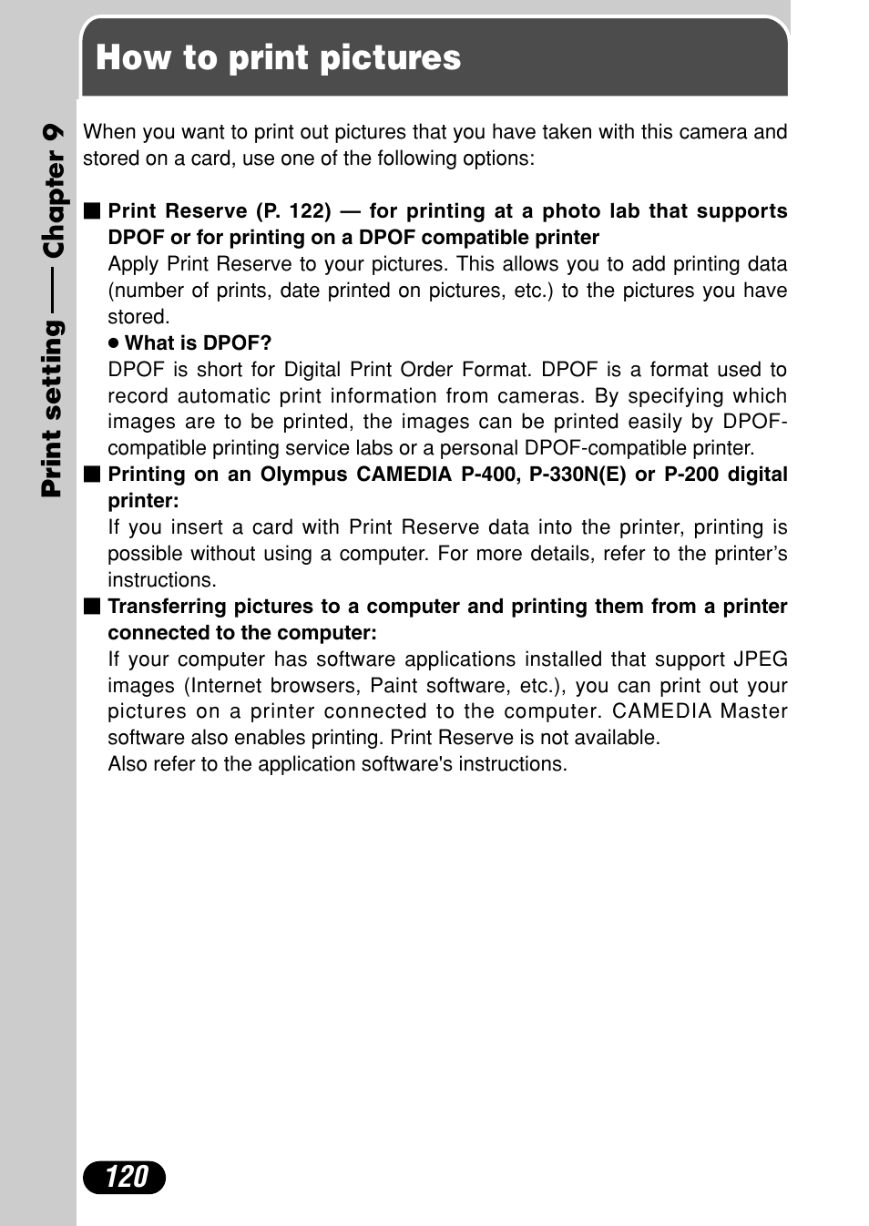 Chapter 9 print setting, How to print pictures, Chapter 9 | Print setting, P. 120 | Olympus C-720 Ultra Zoom User Manual | Page 121 / 180