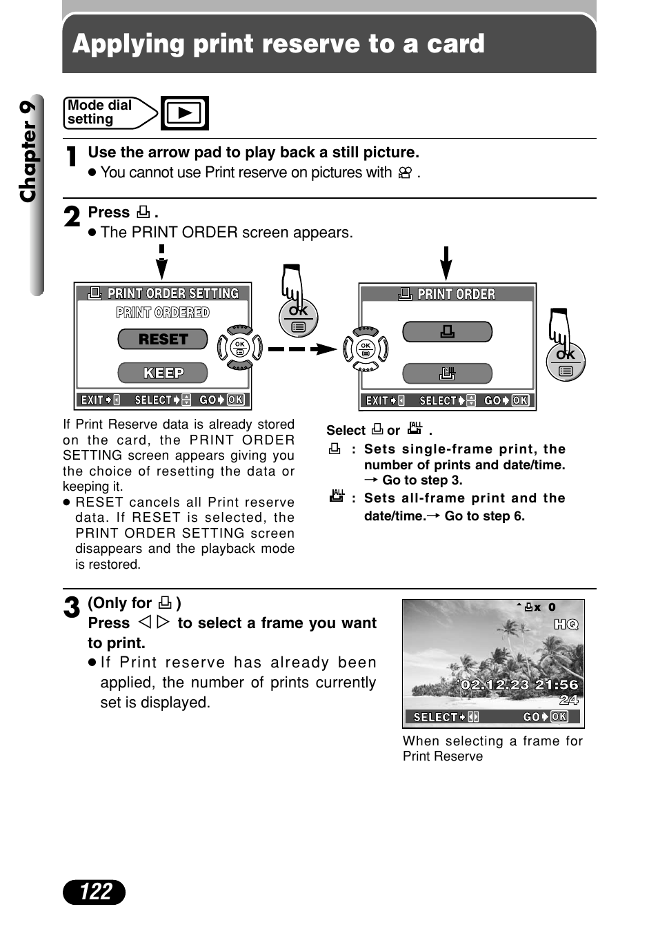 Applying print reserve to a card, Applying print reserve to a card 1, Chapter 9 | Olympus C-720 Ultra Zoom User Manual | Page 123 / 180