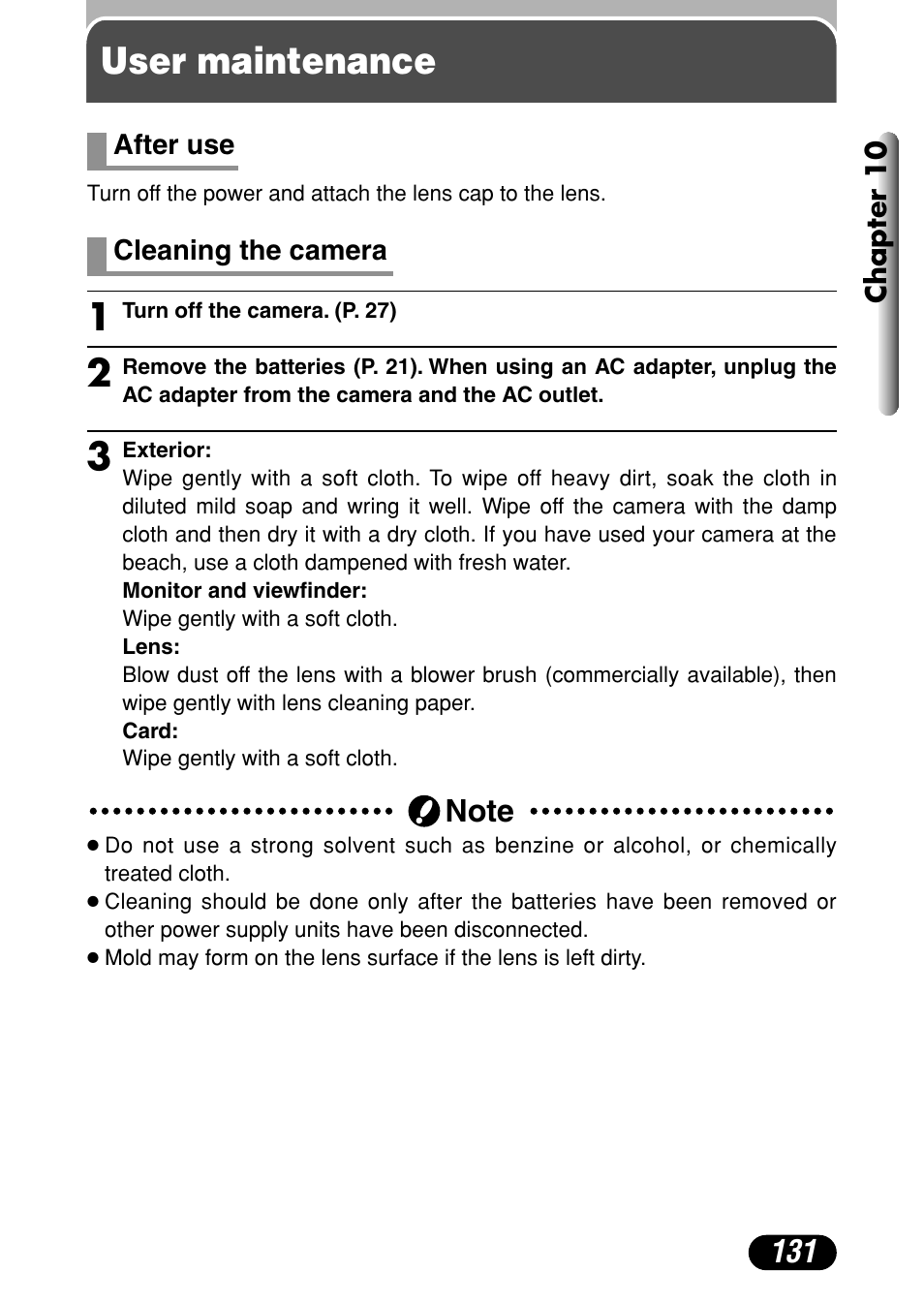 User maintenance, After use 131 cleaning the camera 131 | Olympus C-720 Ultra Zoom User Manual | Page 132 / 180