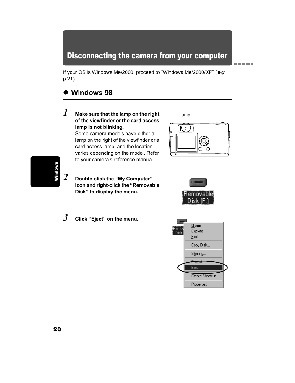 Disconnecting the camera from your computer, Windows 98, Windows p.20, mac p.30) | Olympus C-720 Ultra Zoom User Manual | Page 168 / 180