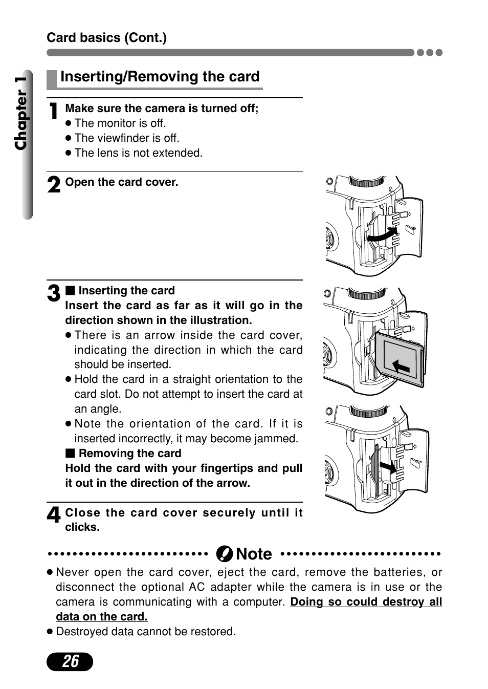 Inserting/removing the card 26 | Olympus C-720 Ultra Zoom User Manual | Page 27 / 180