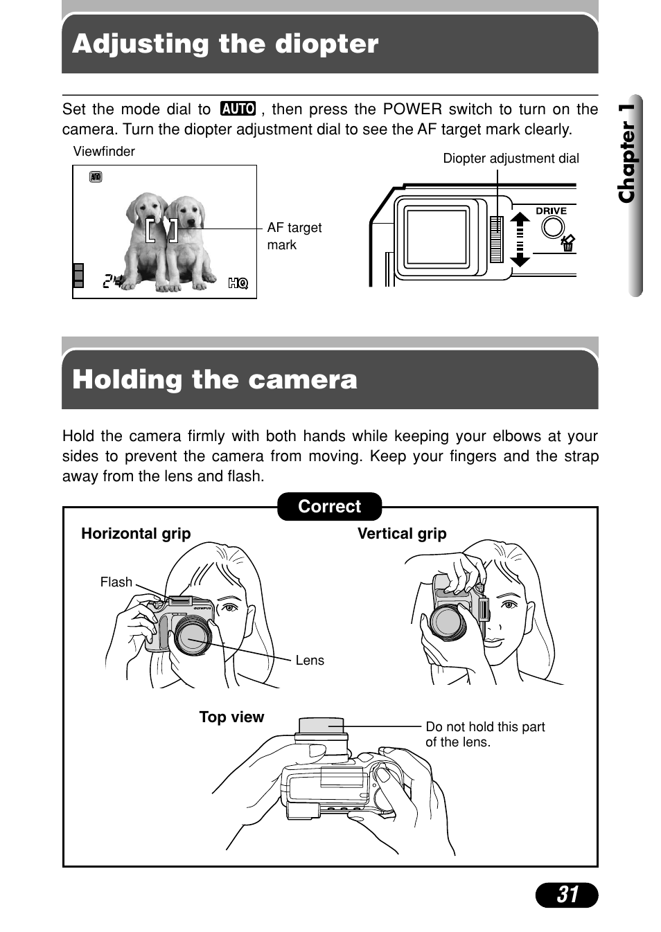 Adjusting the diopter, Holding the camera, Adjusting the diopter holding the camera | Chapter 1 | Olympus C-720 Ultra Zoom User Manual | Page 32 / 180