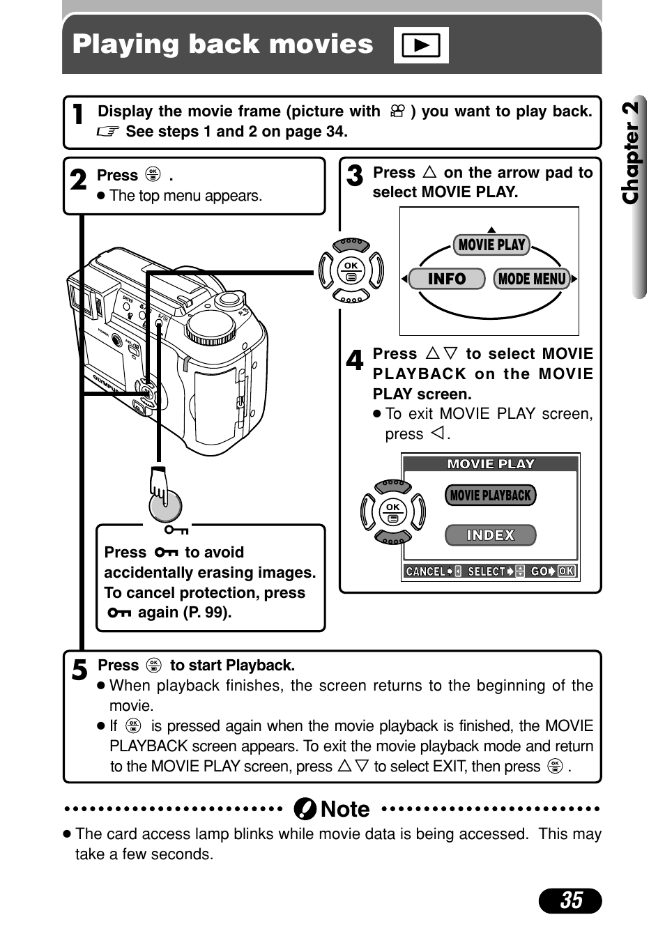 Playing back movies, 3playing back movies, Chapter 2 | Olympus C-720 Ultra Zoom User Manual | Page 36 / 180