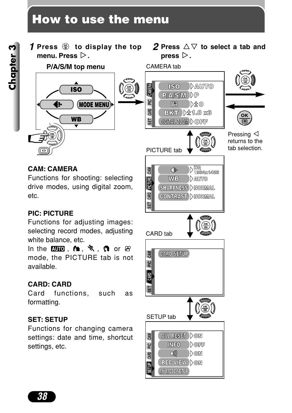 How to use the menu, Chapter 3 | Olympus C-720 Ultra Zoom User Manual | Page 39 / 180