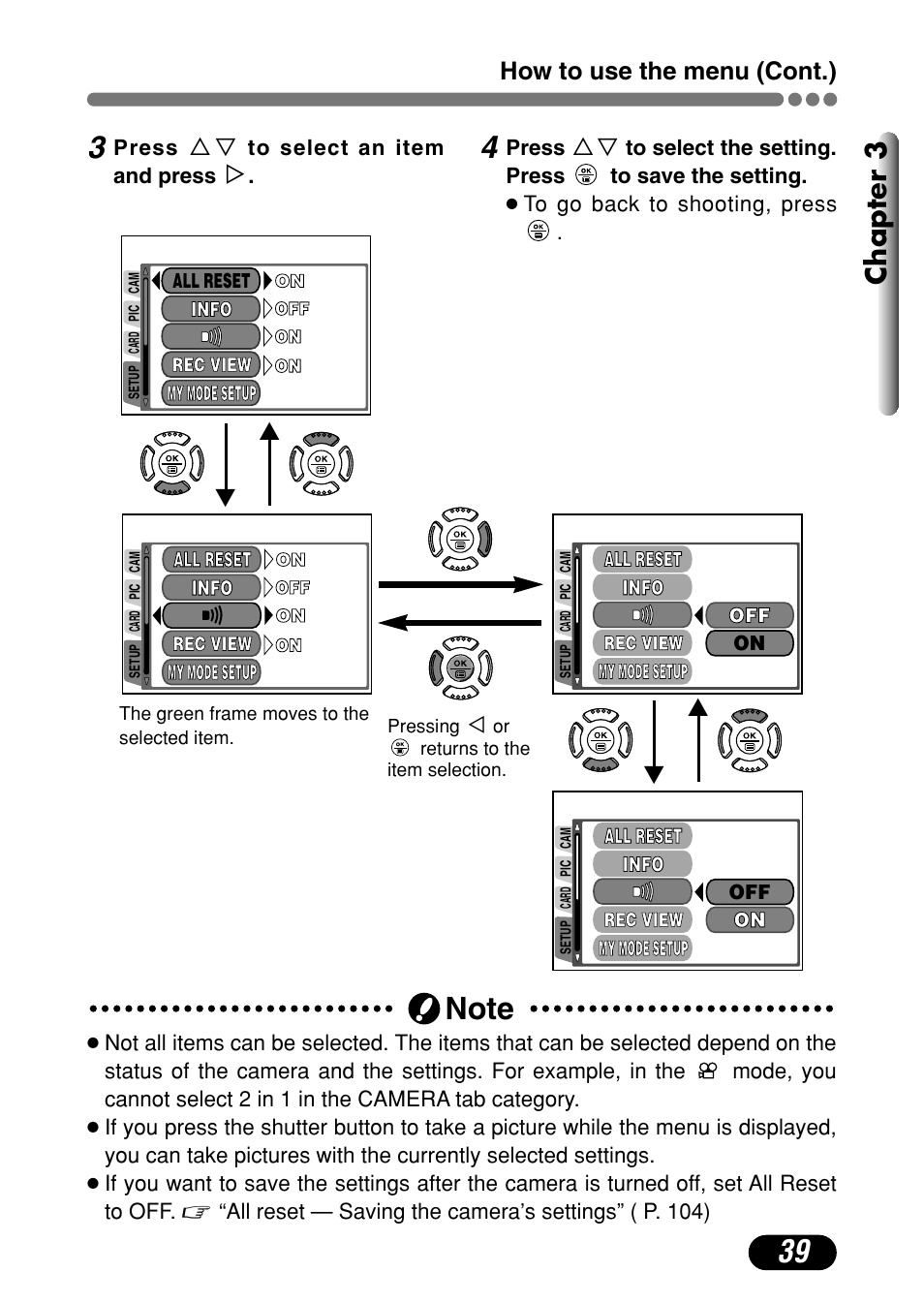 Chapter 3, How to use the menu (cont.) | Olympus C-720 Ultra Zoom User Manual | Page 40 / 180
