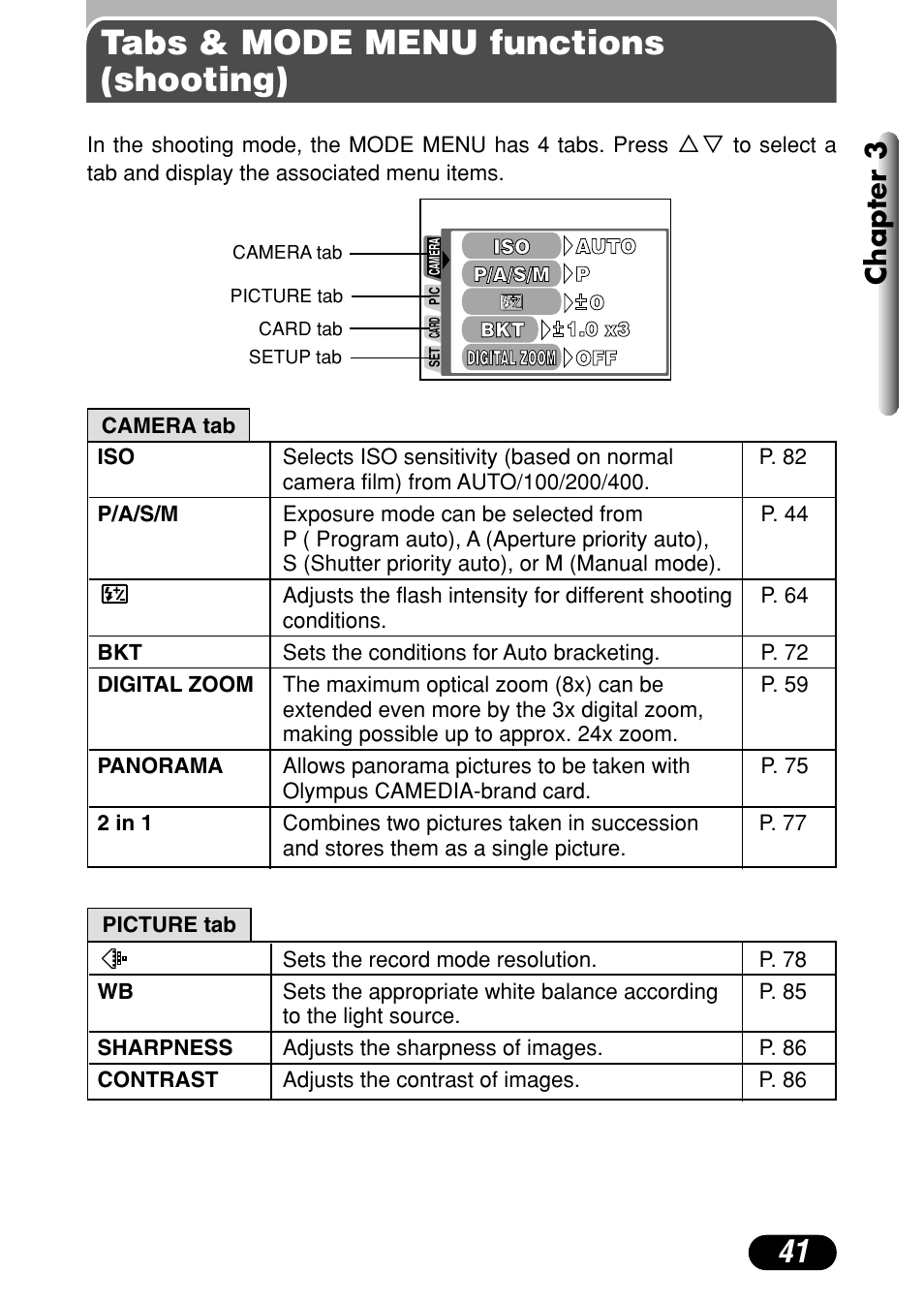 Tabs & mode menu functions (shooting), Chapter 3 | Olympus C-720 Ultra Zoom User Manual | Page 42 / 180