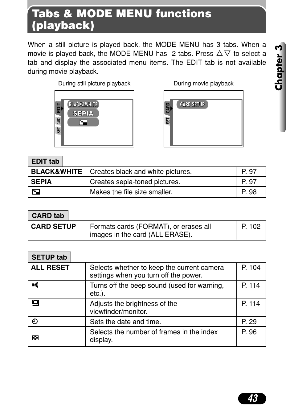 Tabs & mode menu functions (playback), Chapter 3 | Olympus C-720 Ultra Zoom User Manual | Page 44 / 180